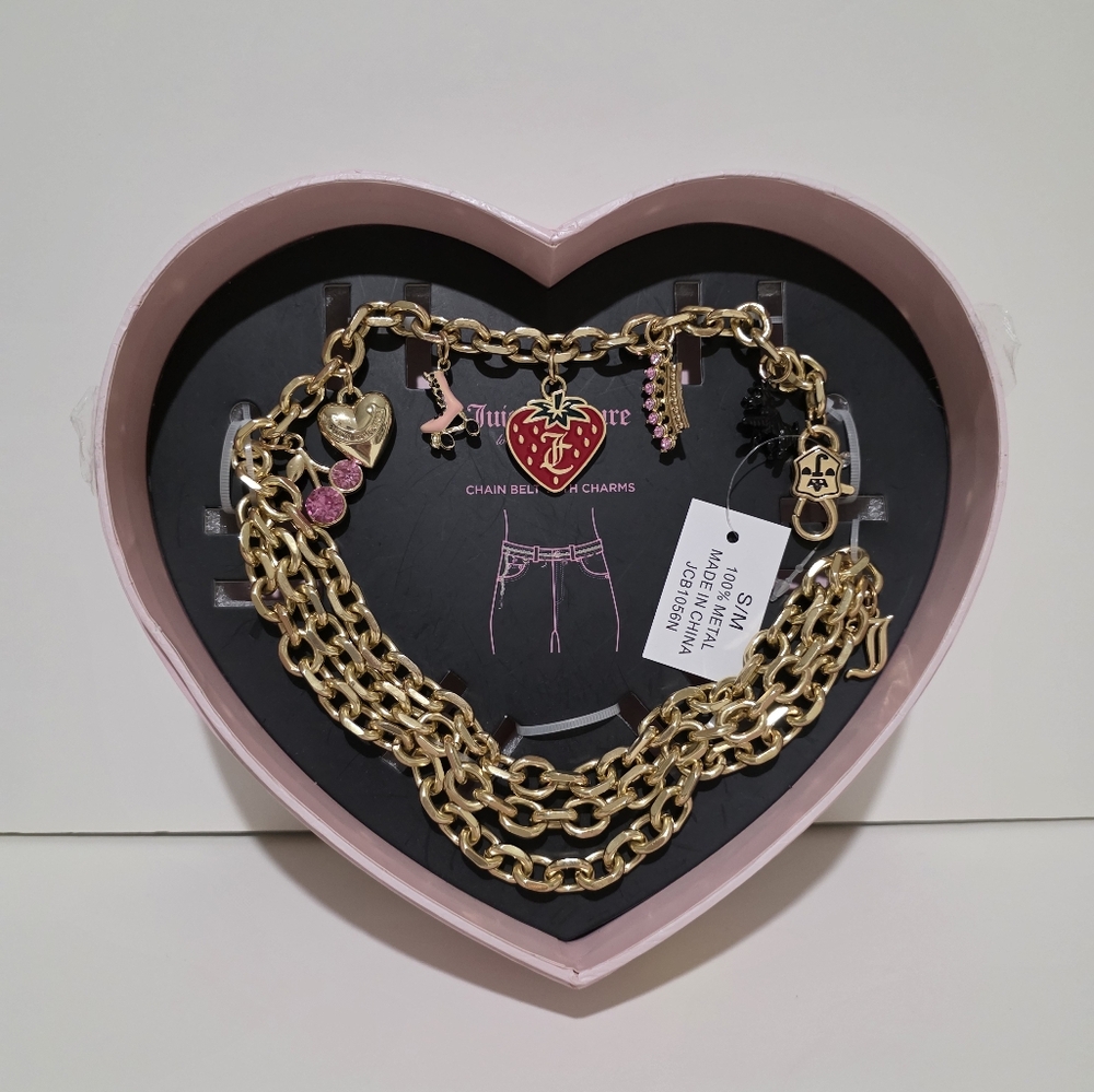 Juicy Couture Gold Chain Belt with Charms Heart Cherry Strawberry Crown SIZE S/M